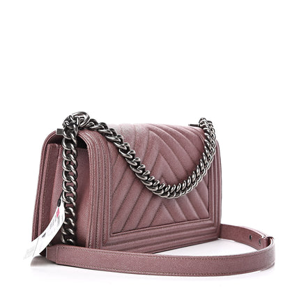 Chanel Metallic Caviar Chevron Quilted Medium Boy Flap Dark Pink 3 of 11