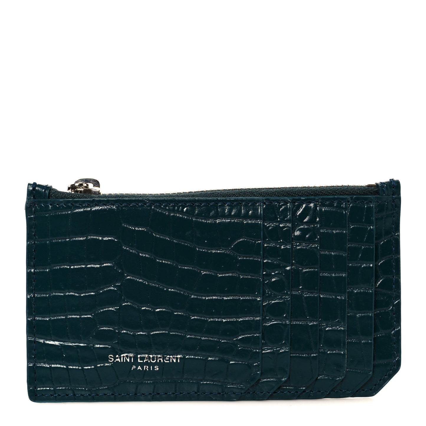 Calfskin Crocodile Embossed 5 Fragments Zip Pouch Card Holder Dark Turquoise