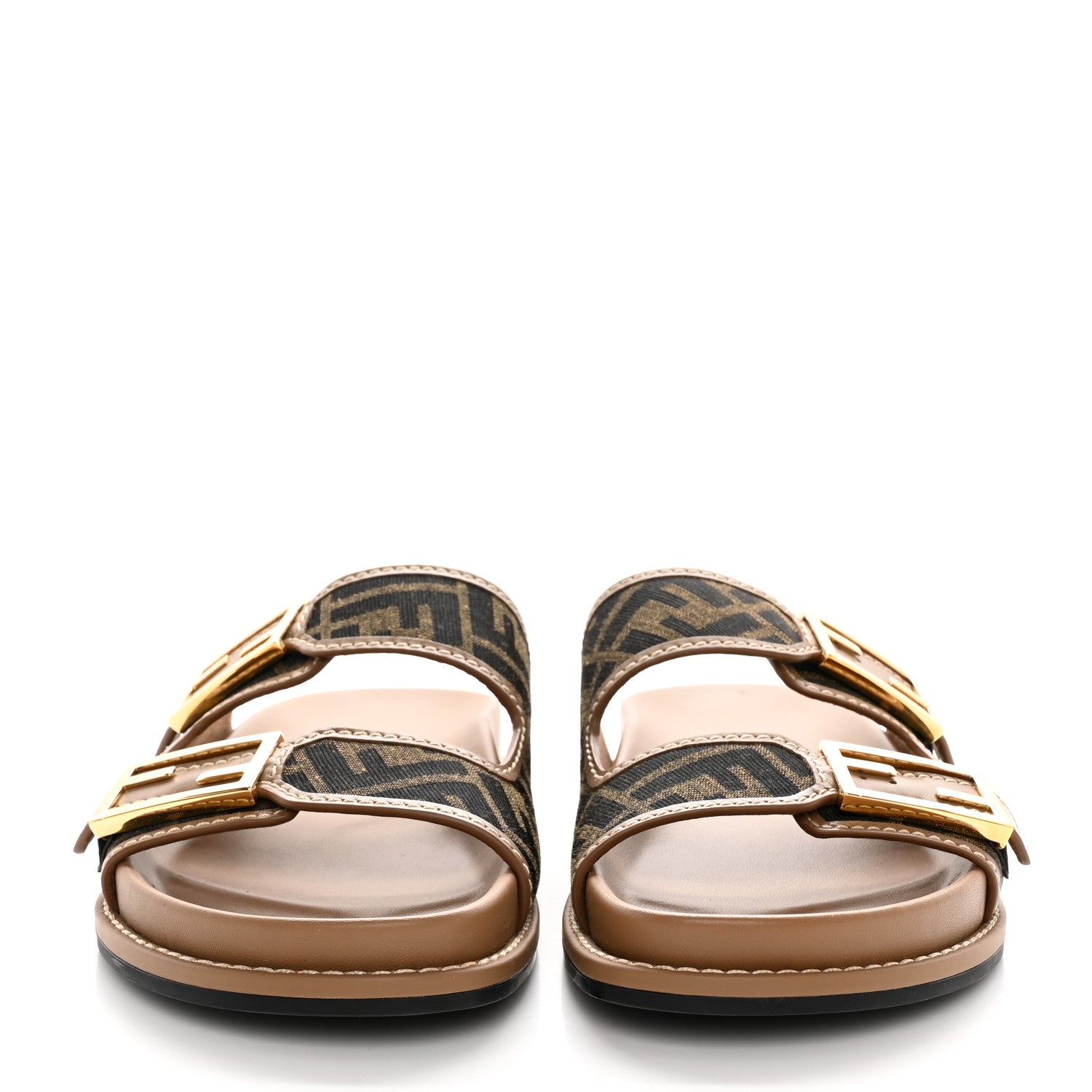Fendi Fabric Jacquard Nappa FF Womens Fendi Feel Buckled Slide Sandals 41 Tobacco Black Miele Scuro 2 of 10