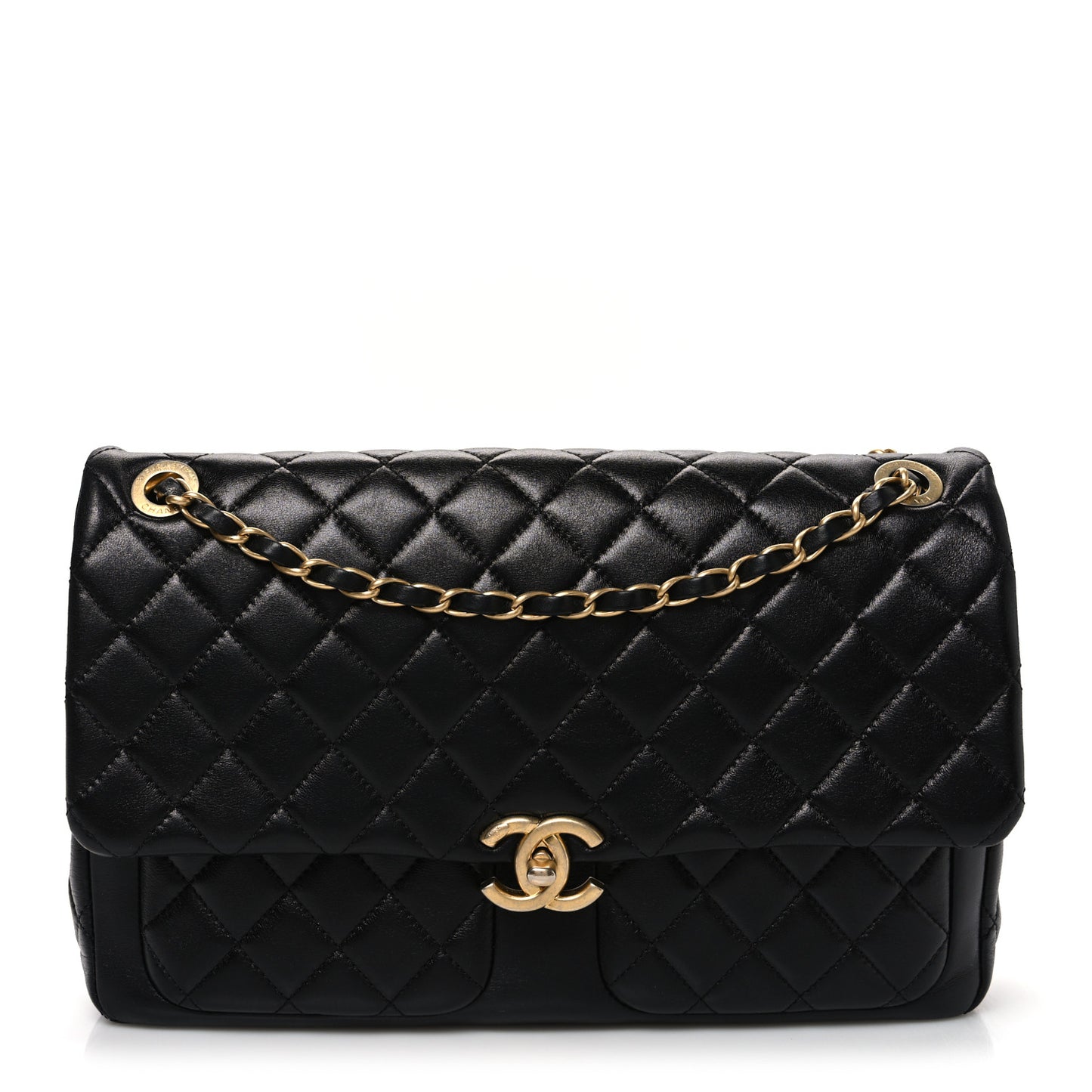 Shiny Lambskin Quilted Daily Friend Flap Black