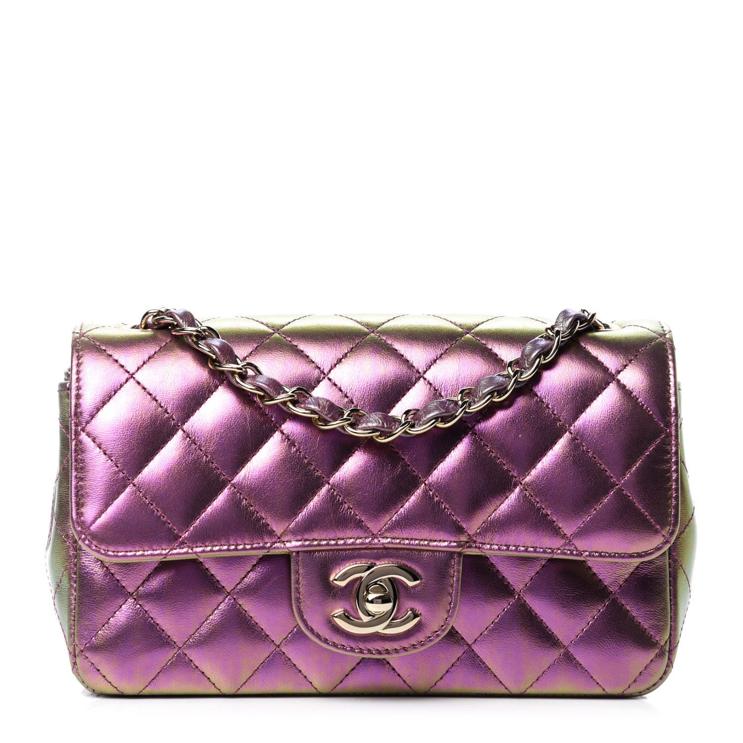 Iridescent Lambskin Quilted Mini Rectangular Flap Purple