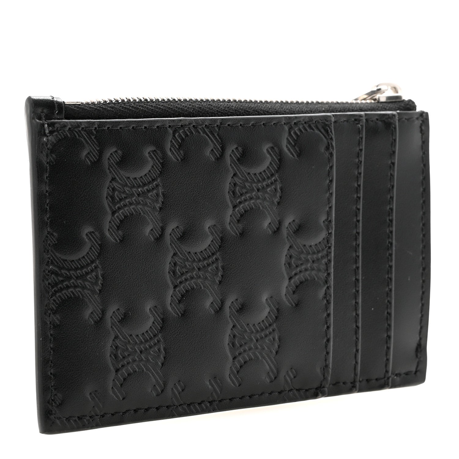 Celine Calfskin Triomphe Embossed Zipped Card Holder Black 1801238