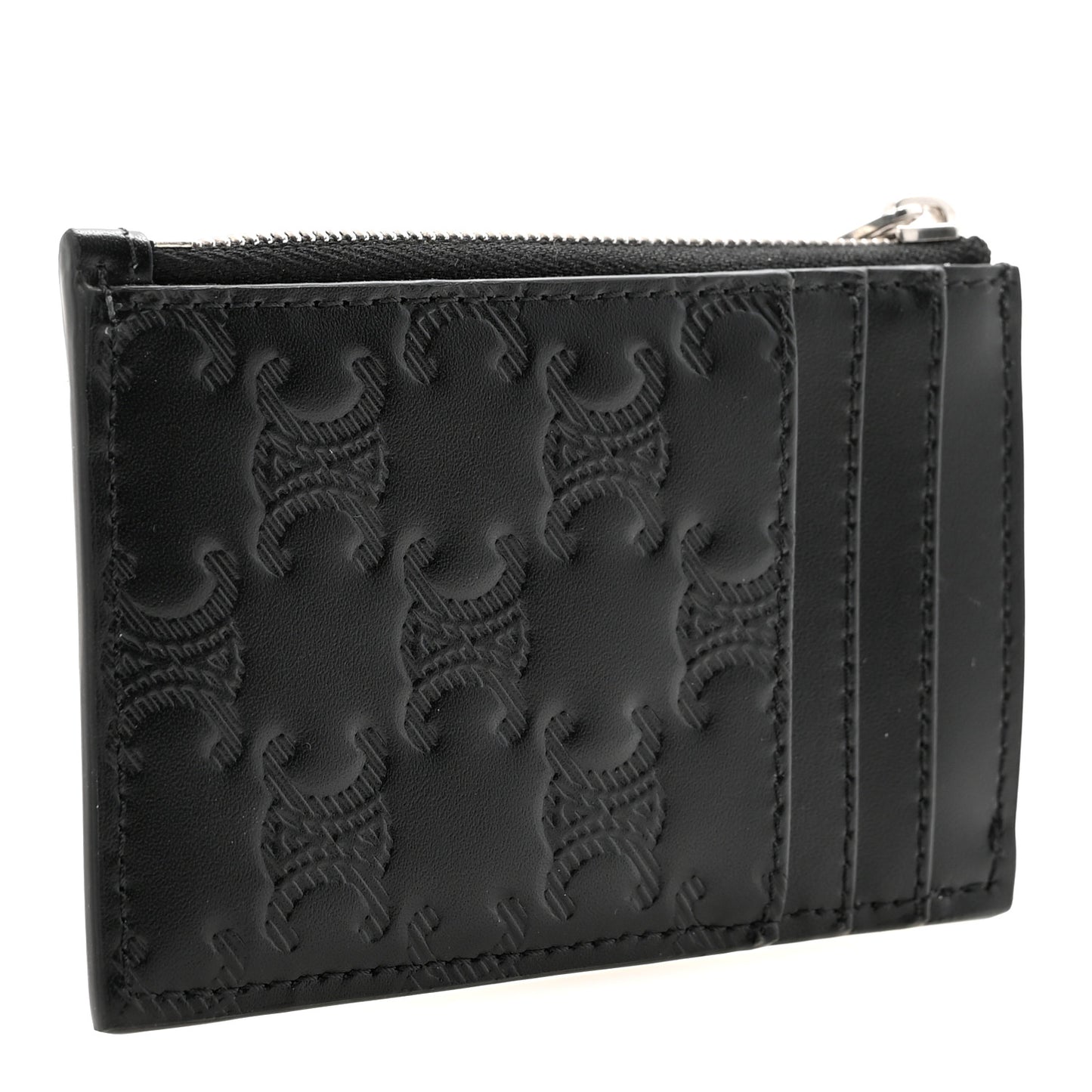 Calfskin Triomphe Embossed Zipped Card Holder Black