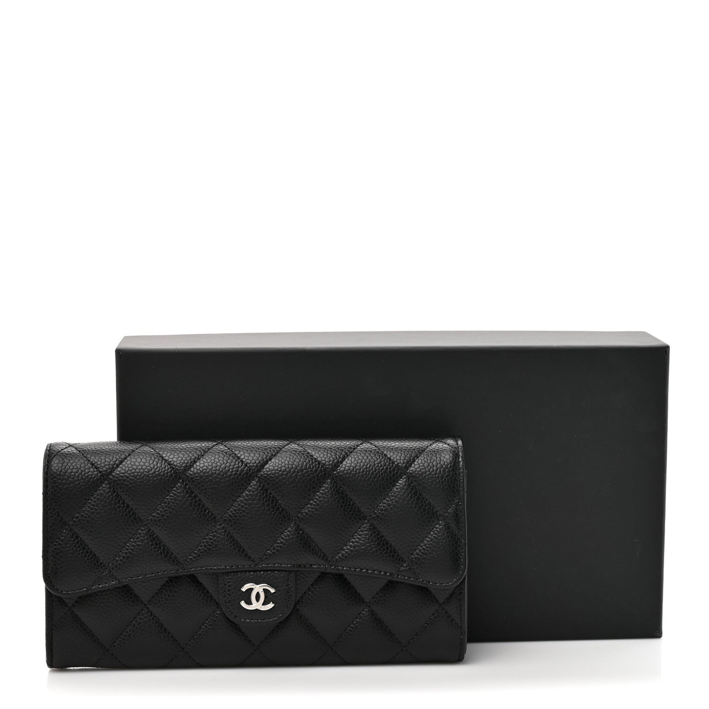 Caviar Quilted Large Gusset Flap Wallet Black