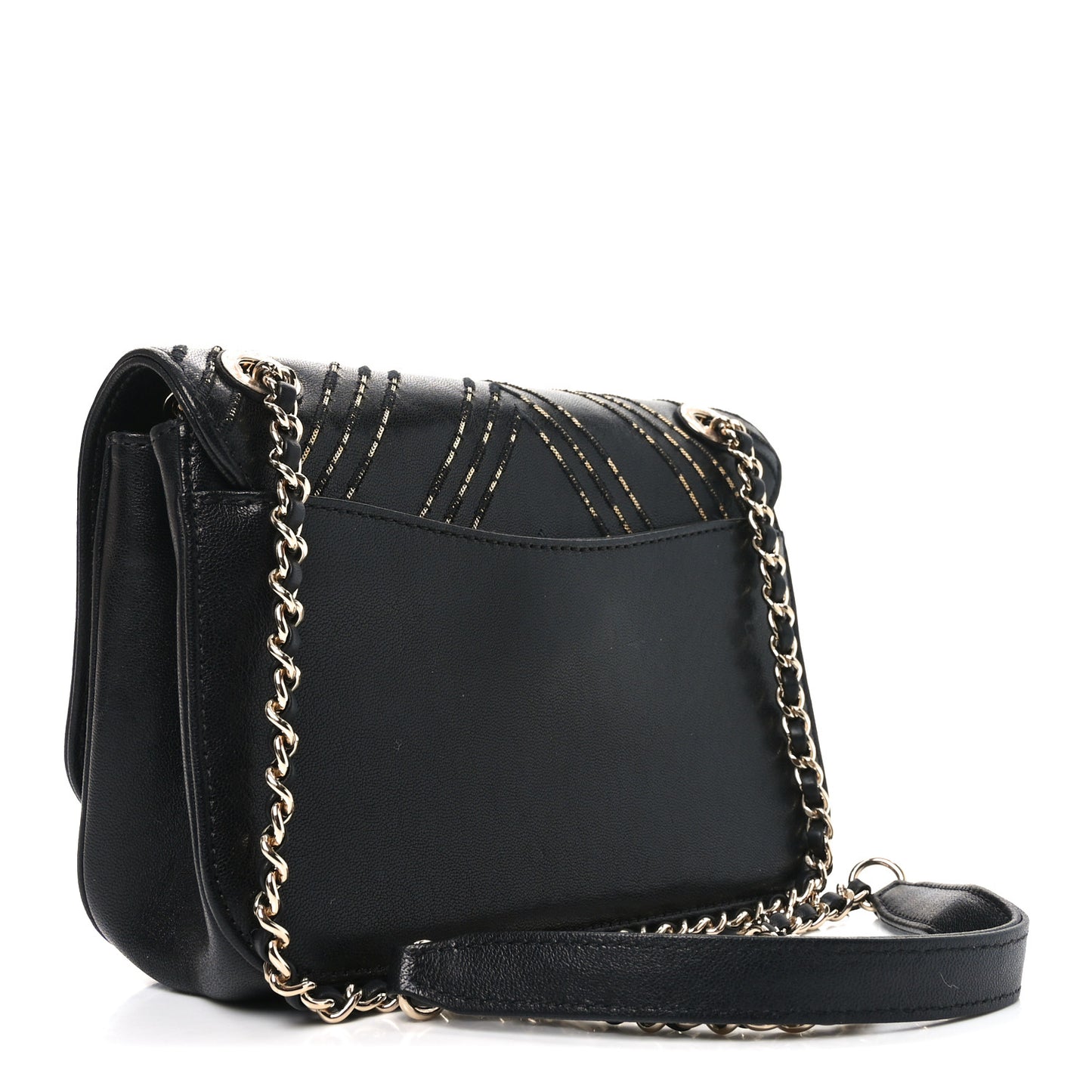 Calfskin Chevron Beaded Chain Mini Square Flap Black