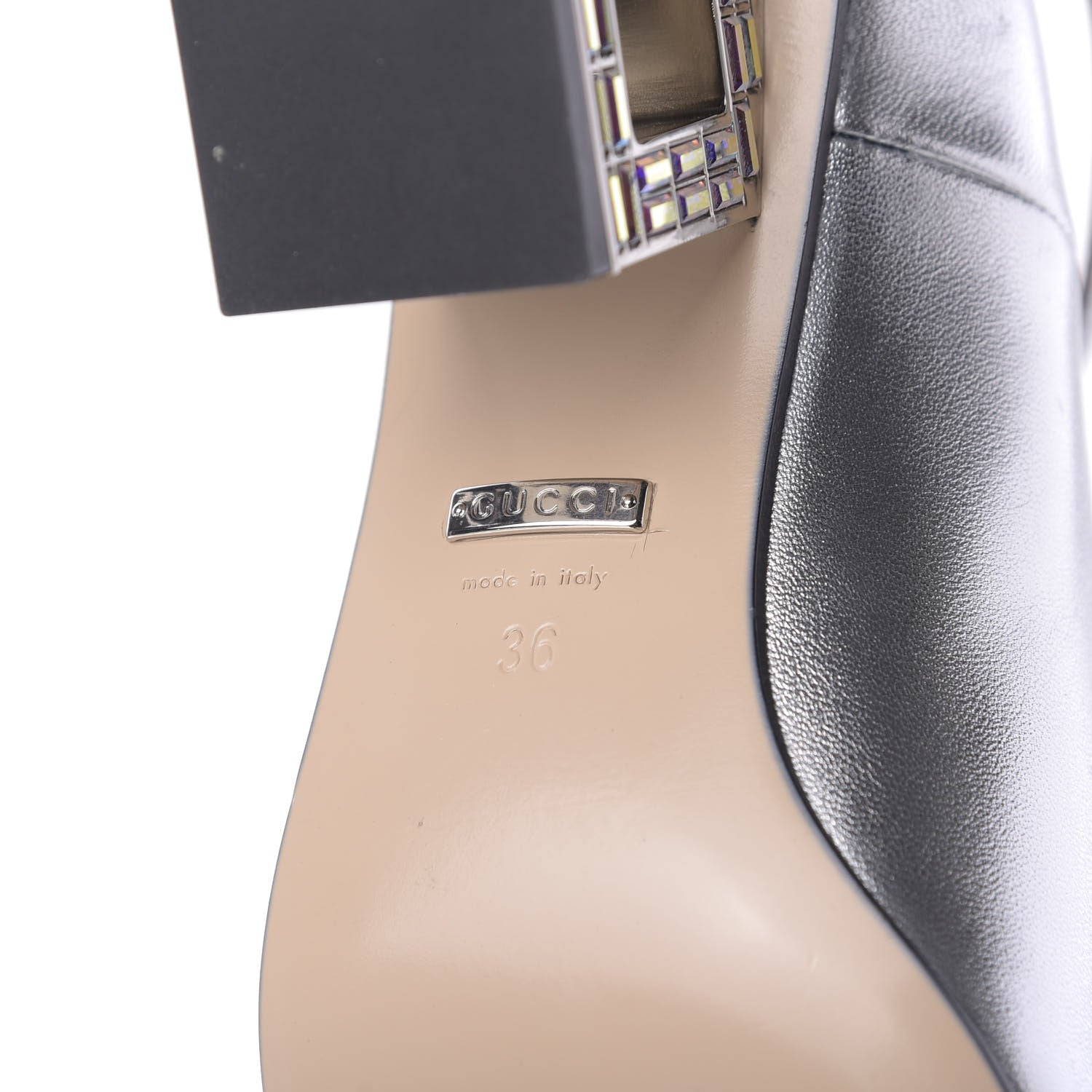 Gucci Metallic Nappa Crystal Square G Mid Heel Pumps 36 Silver 8 of 10