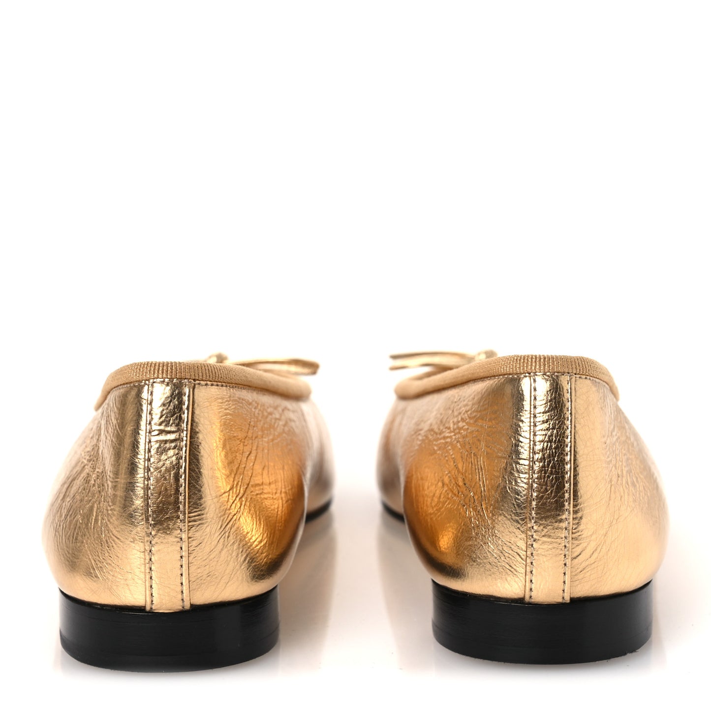 Laminated Crumpled Lambskin Grosgrain Cap Toe CC Ballerina Flats 37.5 Gold Black