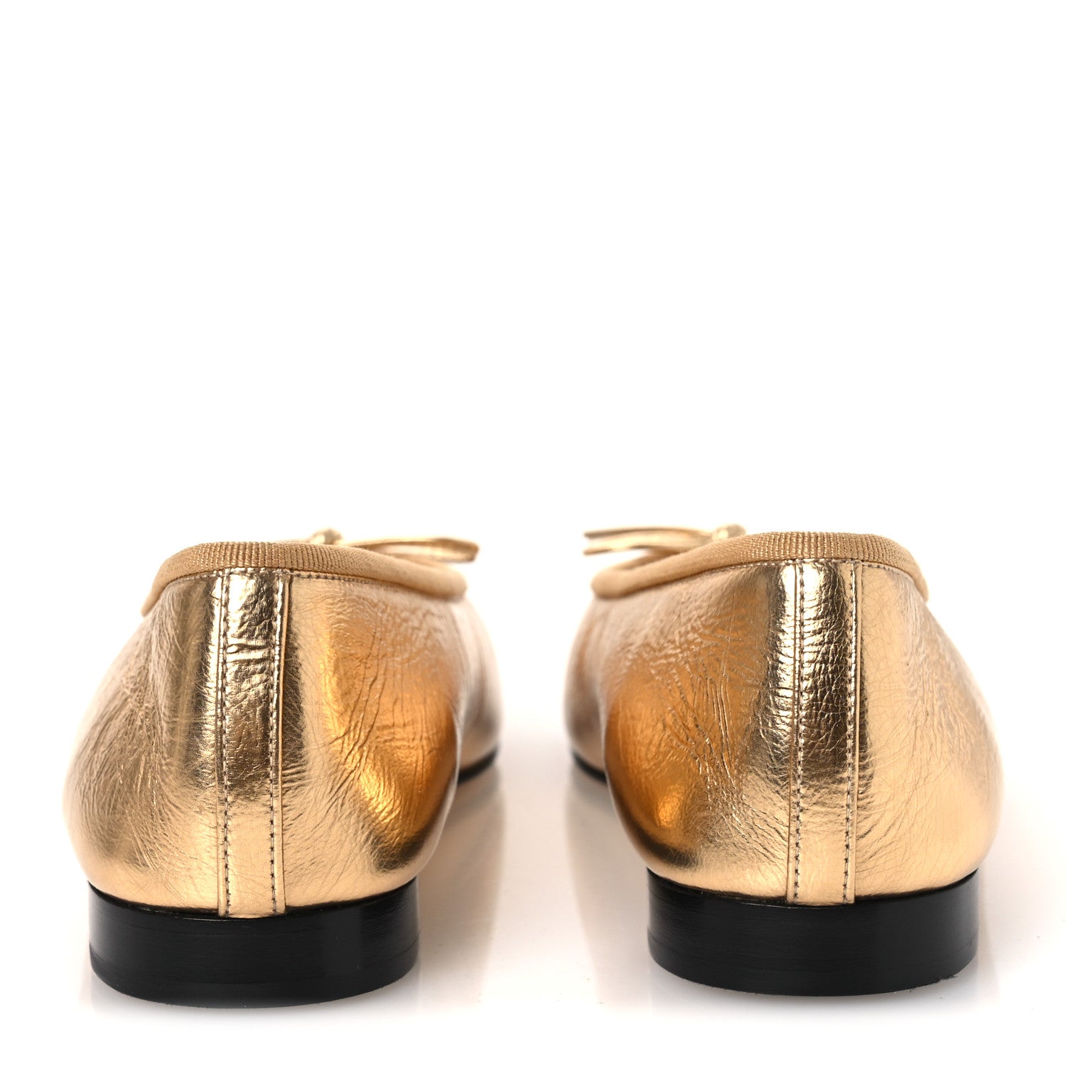 Chanel Laminated Crumpled Lambskin Grosgrain Cap Toe CC Ballerina Flats 37.5 Gold Black 6 of 12