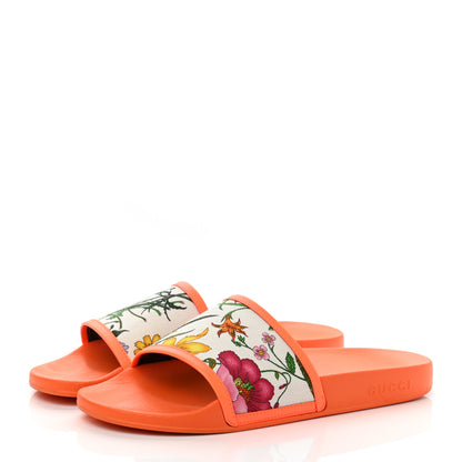 Gucci Canvas Flora Print Slide Sandals 40 Fluorescent Orange 3 of 7