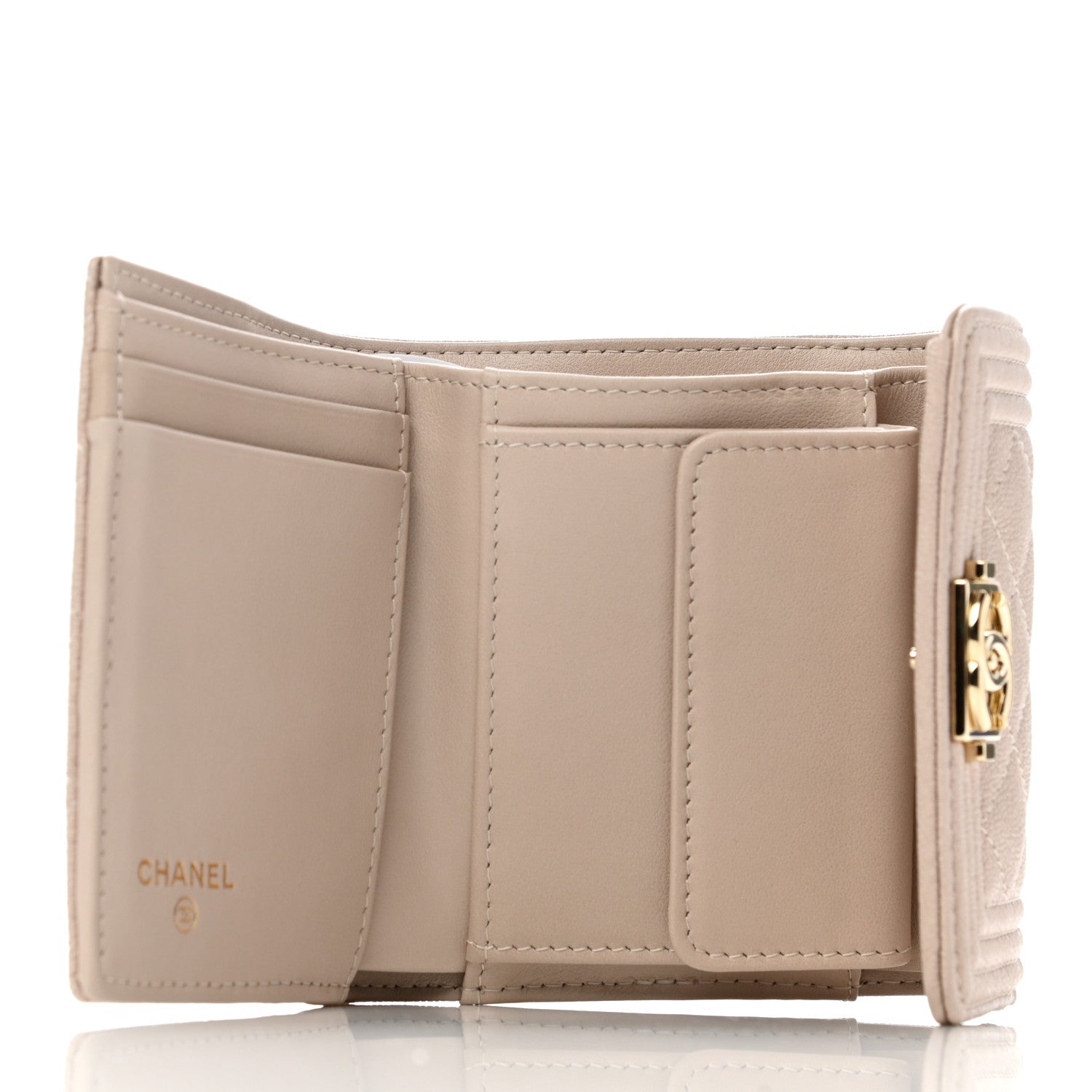 Chanel Caviar Quilted Compact Boy Flap Wallet Beige 5 of 8
