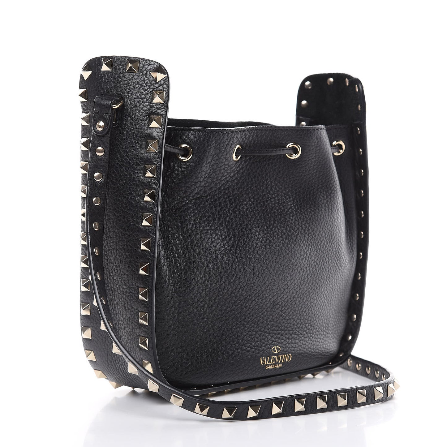 Grained Calfskin Rockstud Bucket Bag Black