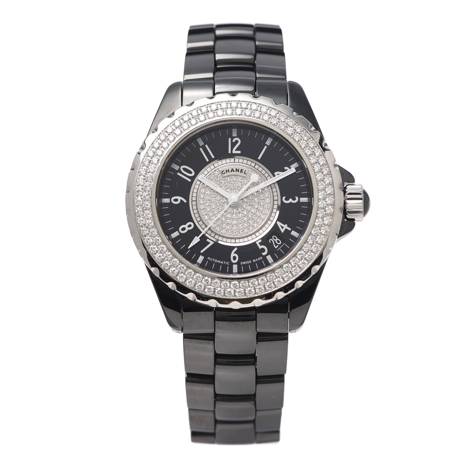 Chanel Stainless Steel Ceramic Diamond Pave Bezel Dial 38mm J12 Automatic Watch Black 1 of 5