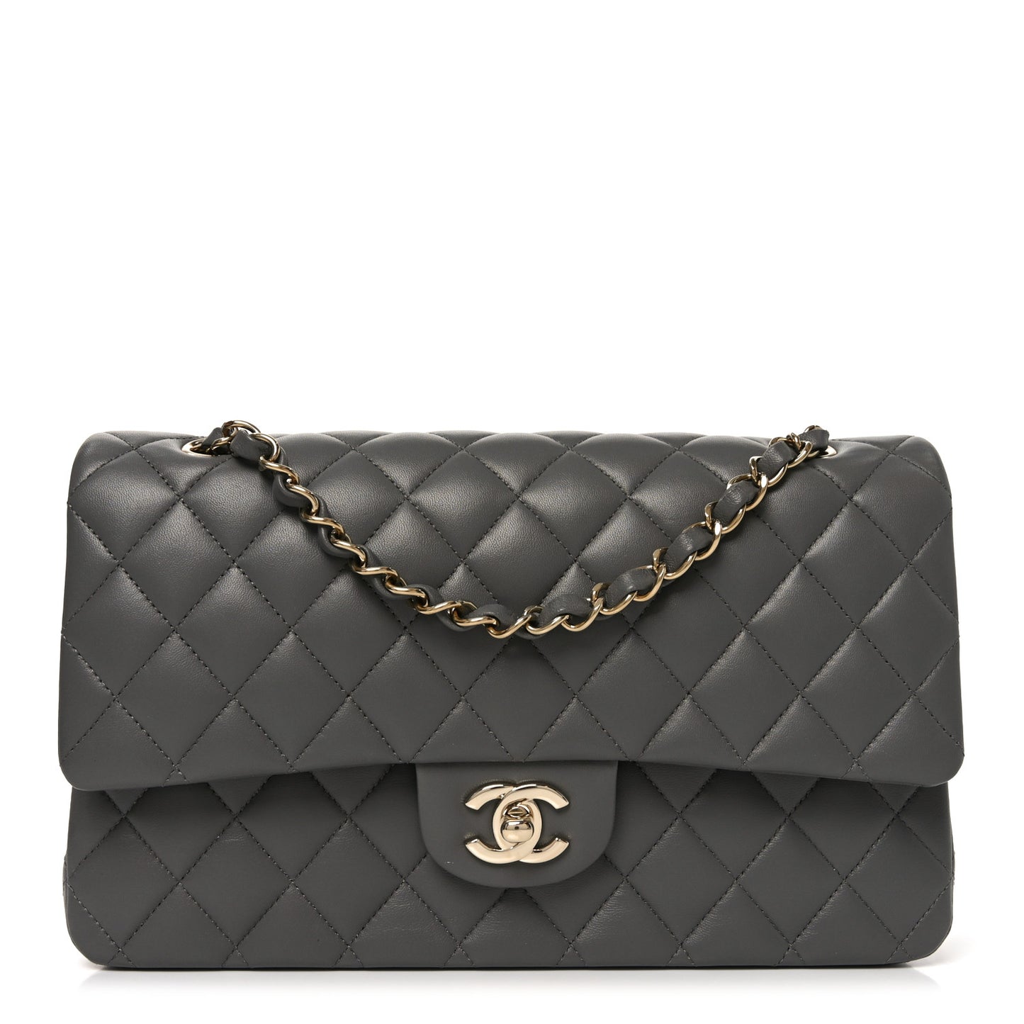 Lambskin Quilted Medium Double Flap Grey