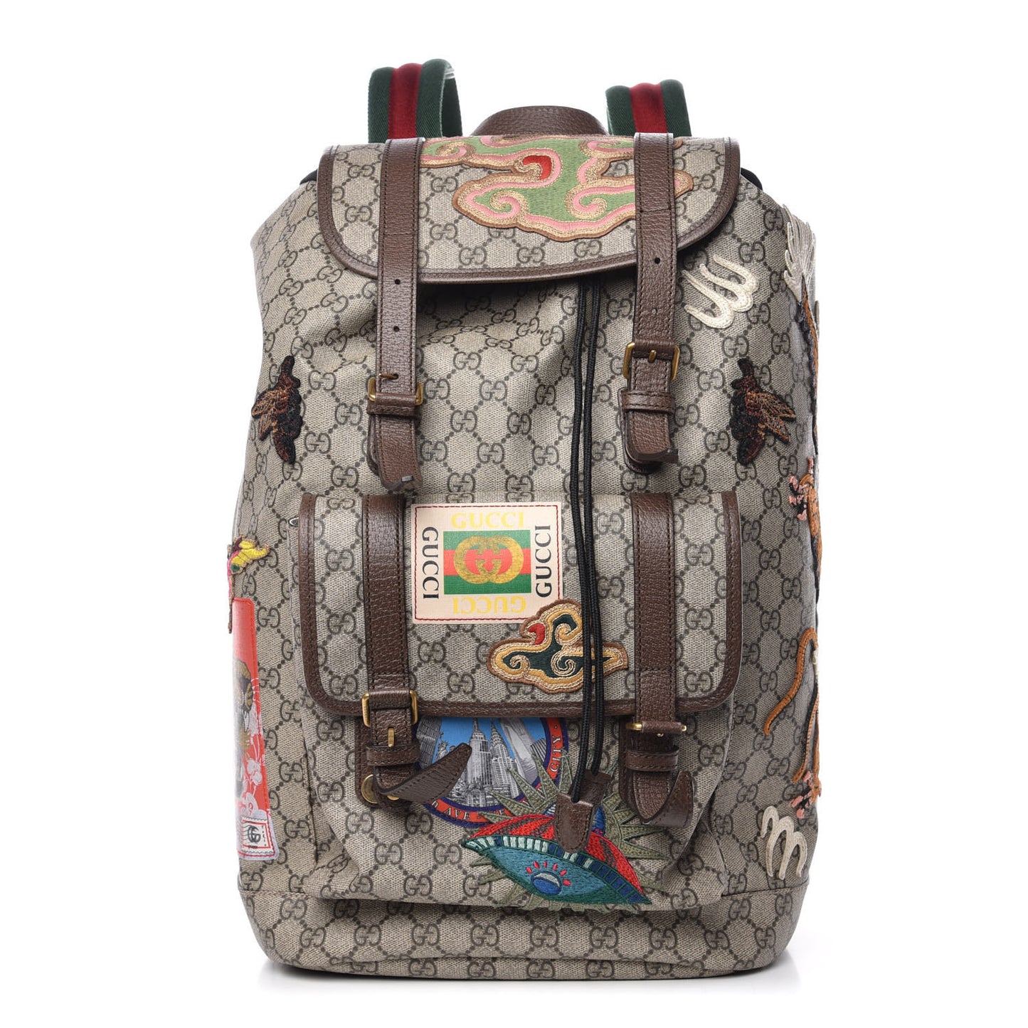 Soft GG Supreme Monogram Courrier Web Double Buckle Backpack Beige New Acero
