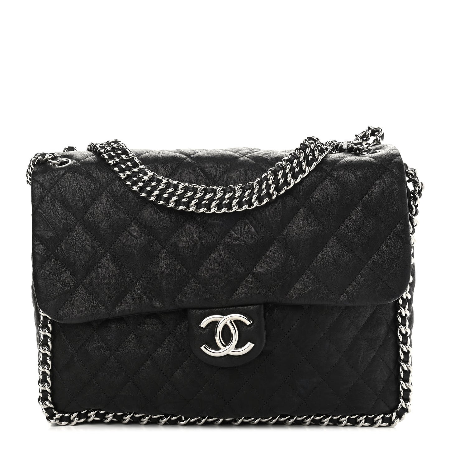 Washed Lambskin Quilted Maxi Chain Around Flap Black