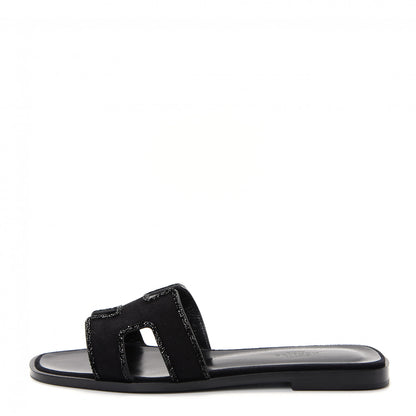 Hermes Suede Goatskin Crystal Oran Sandals 37 Black 1 of 11