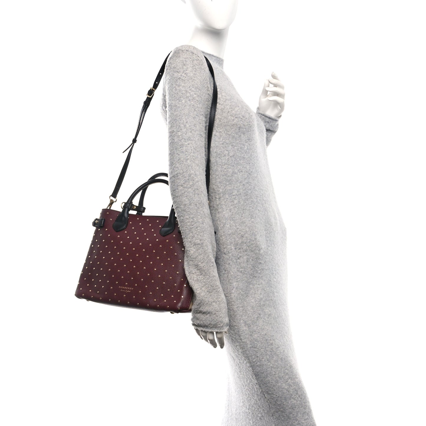 Grainy Calfskin Studded Medium Banner Tote Burgundy