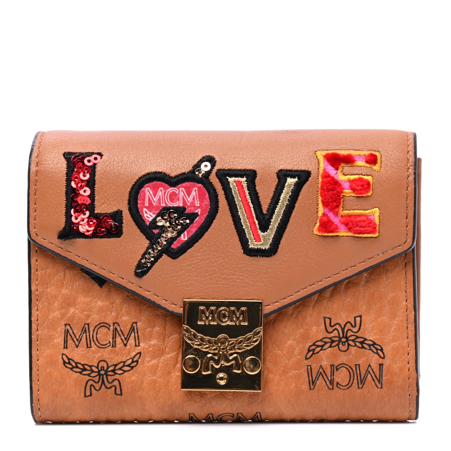 MCM Visetos Patricia Love Patch Compact Wallet Cognac 1 of 5