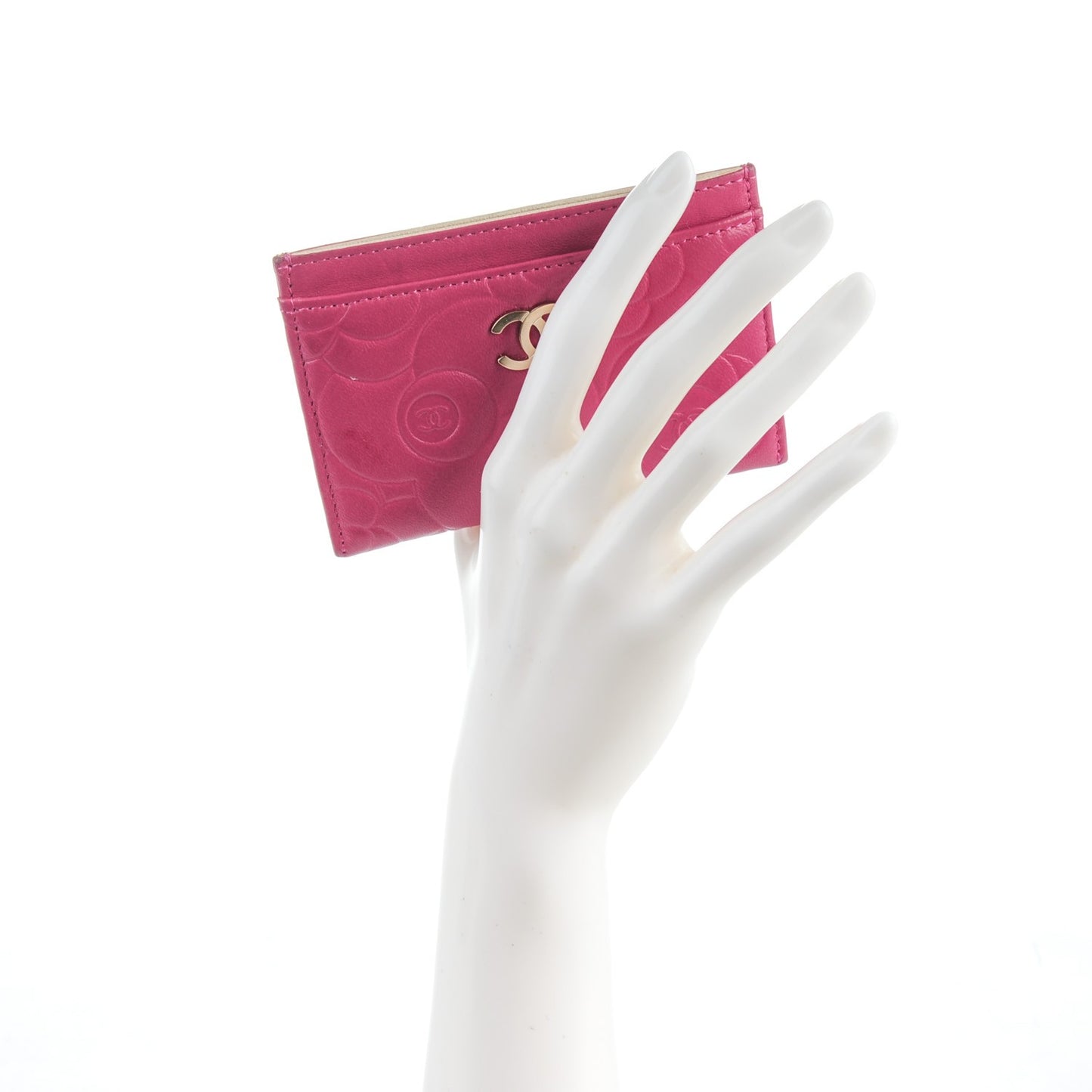 Lambskin Camellia Embossed Card Holder Fuchsia