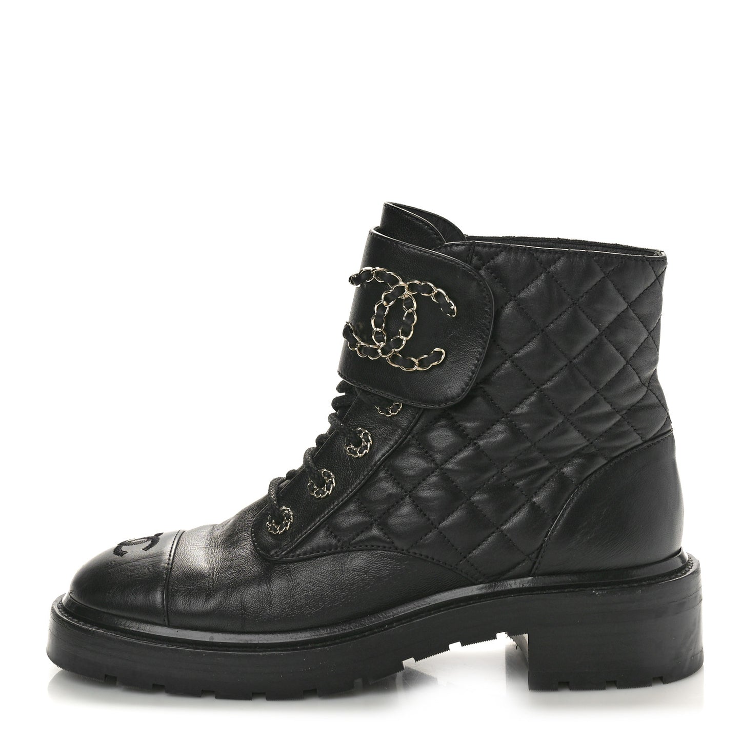Shiny Lambskin Quilted Lace Up Combat Boots 40 Black