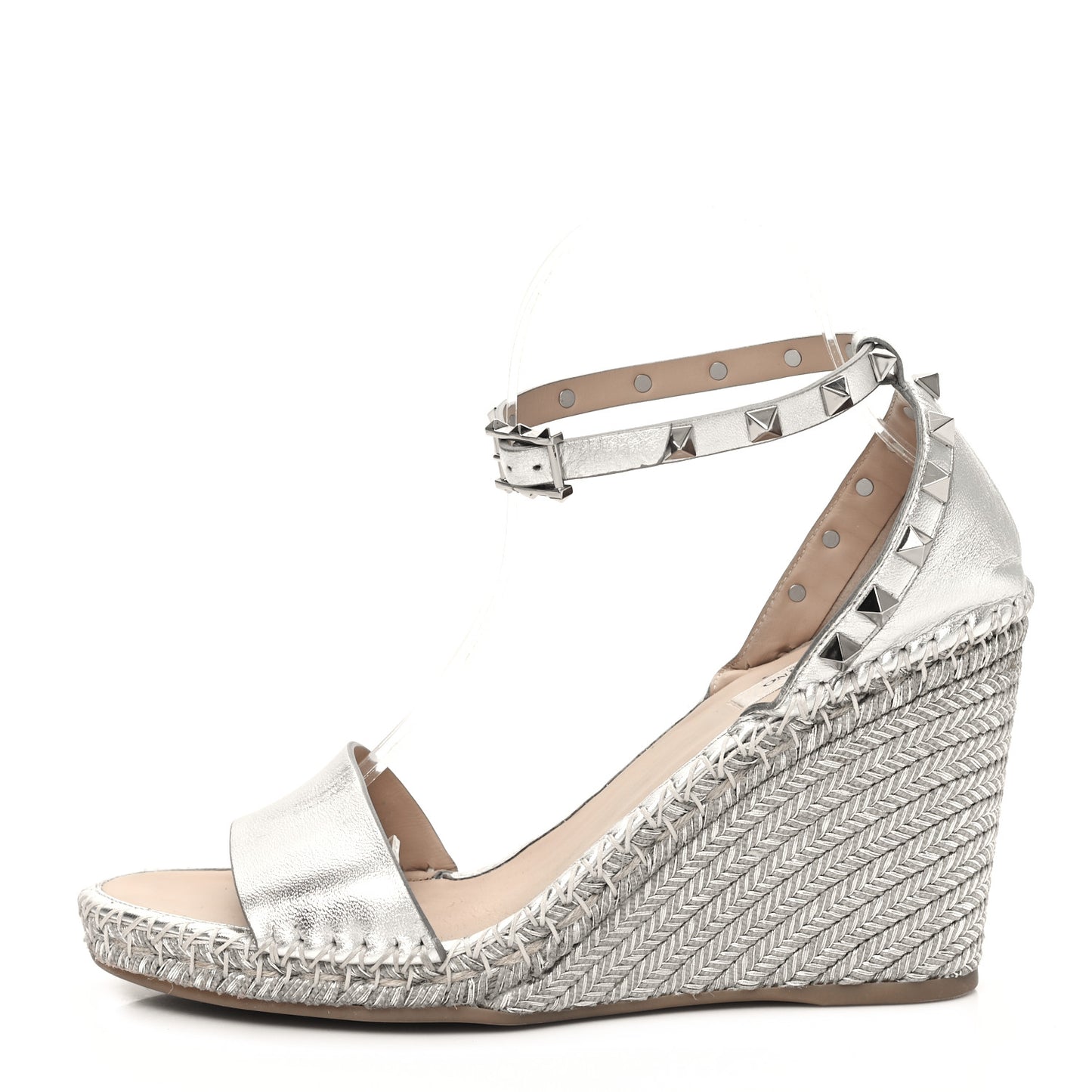Metallic Grained Calfskin Rockstud Crisscross Ankle Strap Espadrille Wedge Sandals 40 Silver