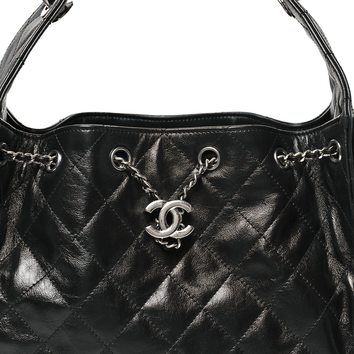 Shiny Crumpled Calfskin Quilted Small Chanel 25 Handbag Black