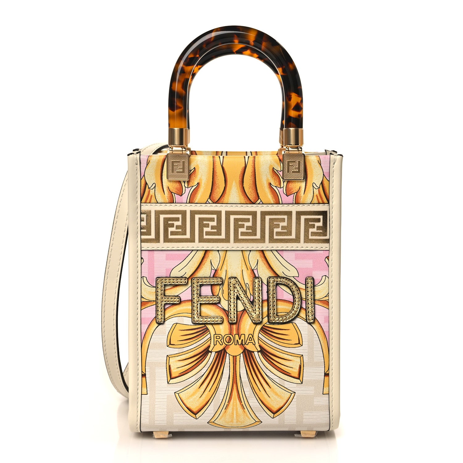 Fendi X VERSACE Calfskin Plexiglass Fendace FF Baroque Mini Fendi Sunshine Shopper Tote Gold Rosa White Ice Ciad 1 of 10