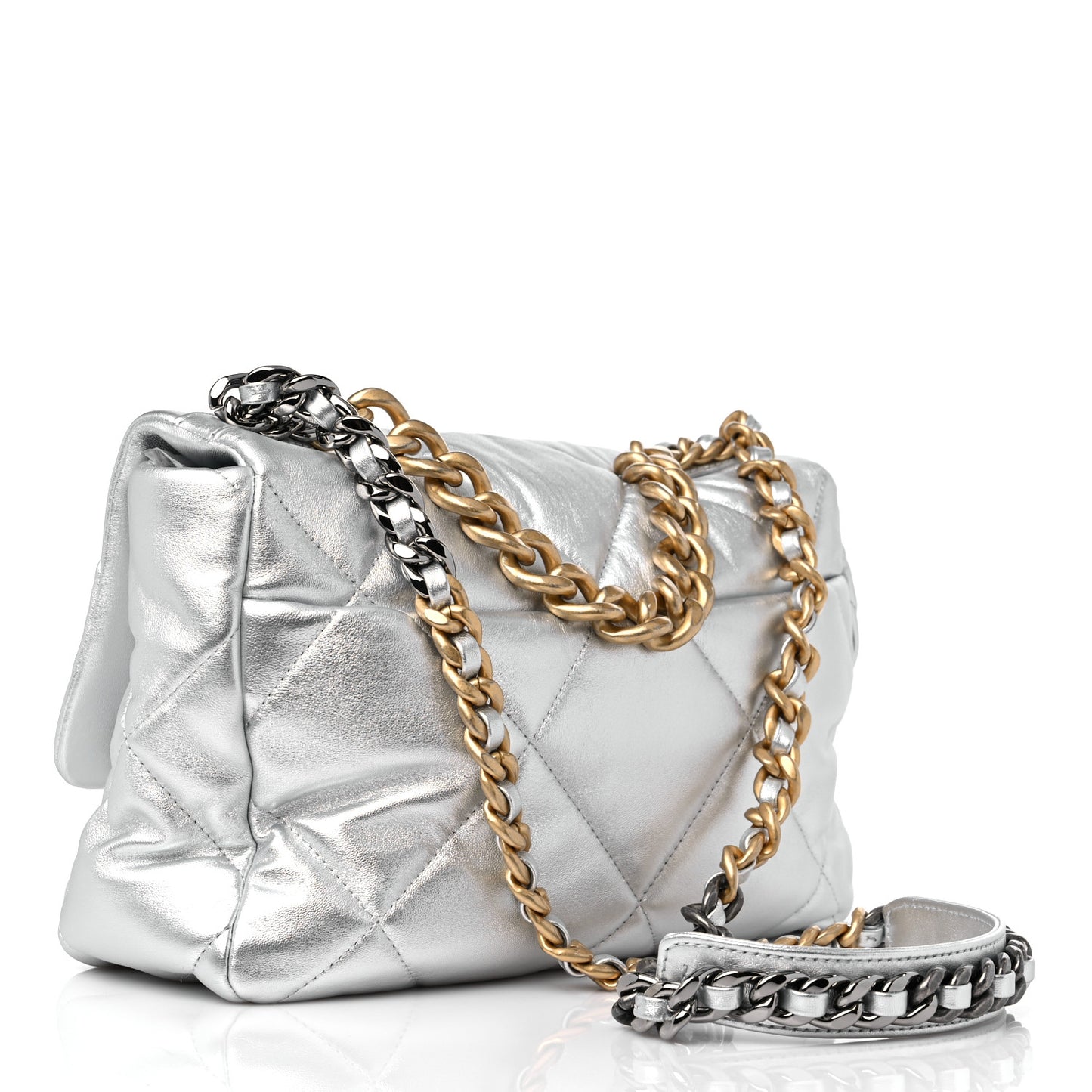 Metallic Lambskin Quilted Large Chanel 19 Flap Silver