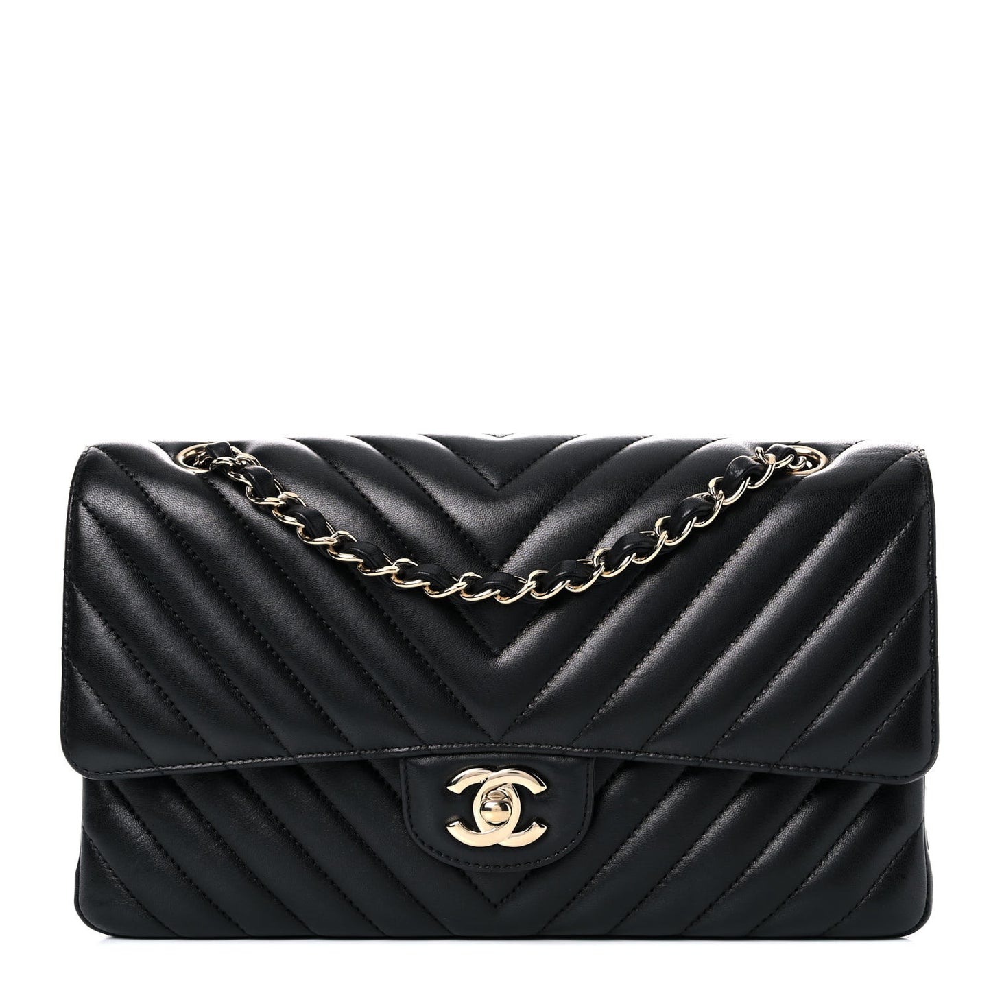 Calfskin Chevron Quilted Medium Double Flap Black