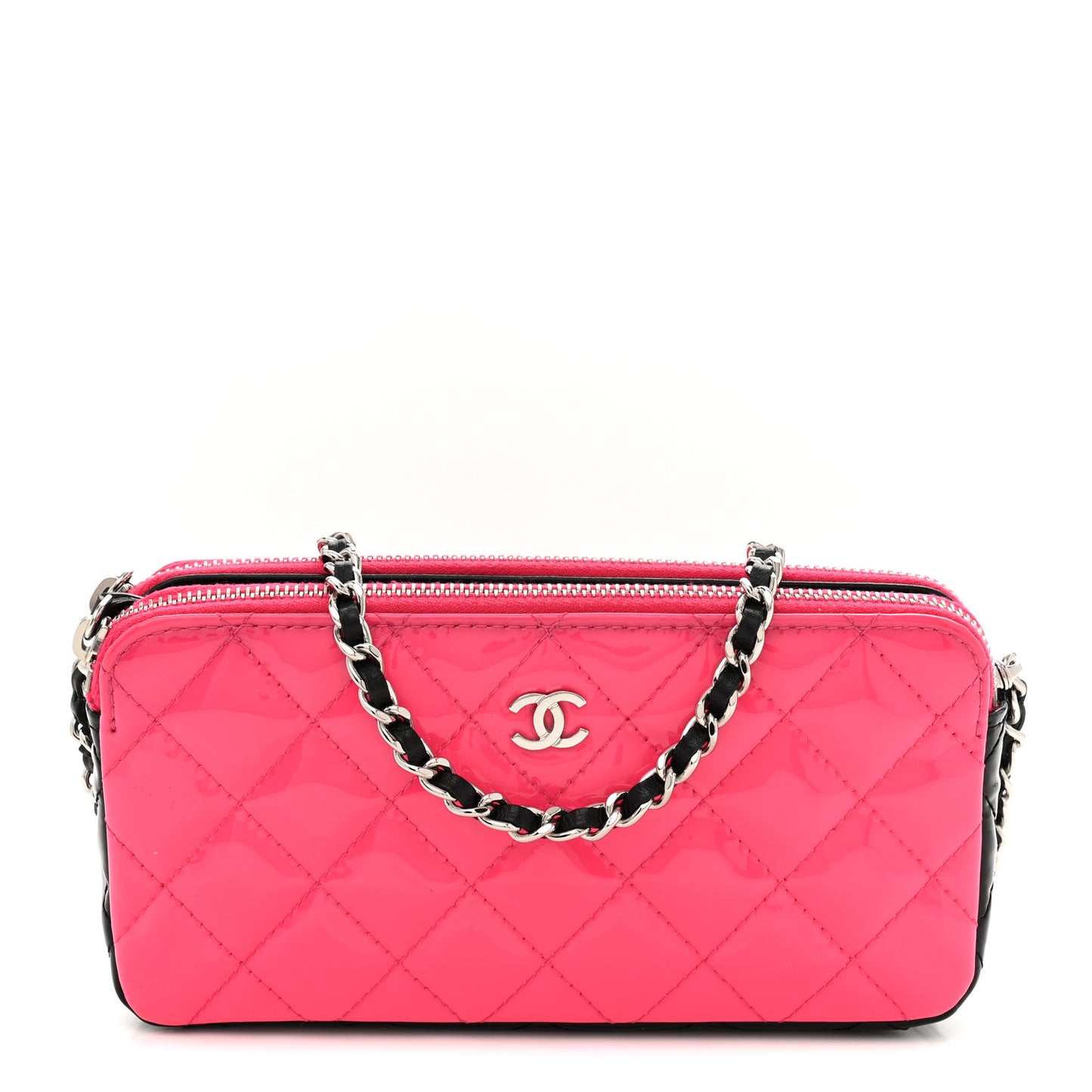 Patent Quilted Small Clutch With Chain Pink Black
