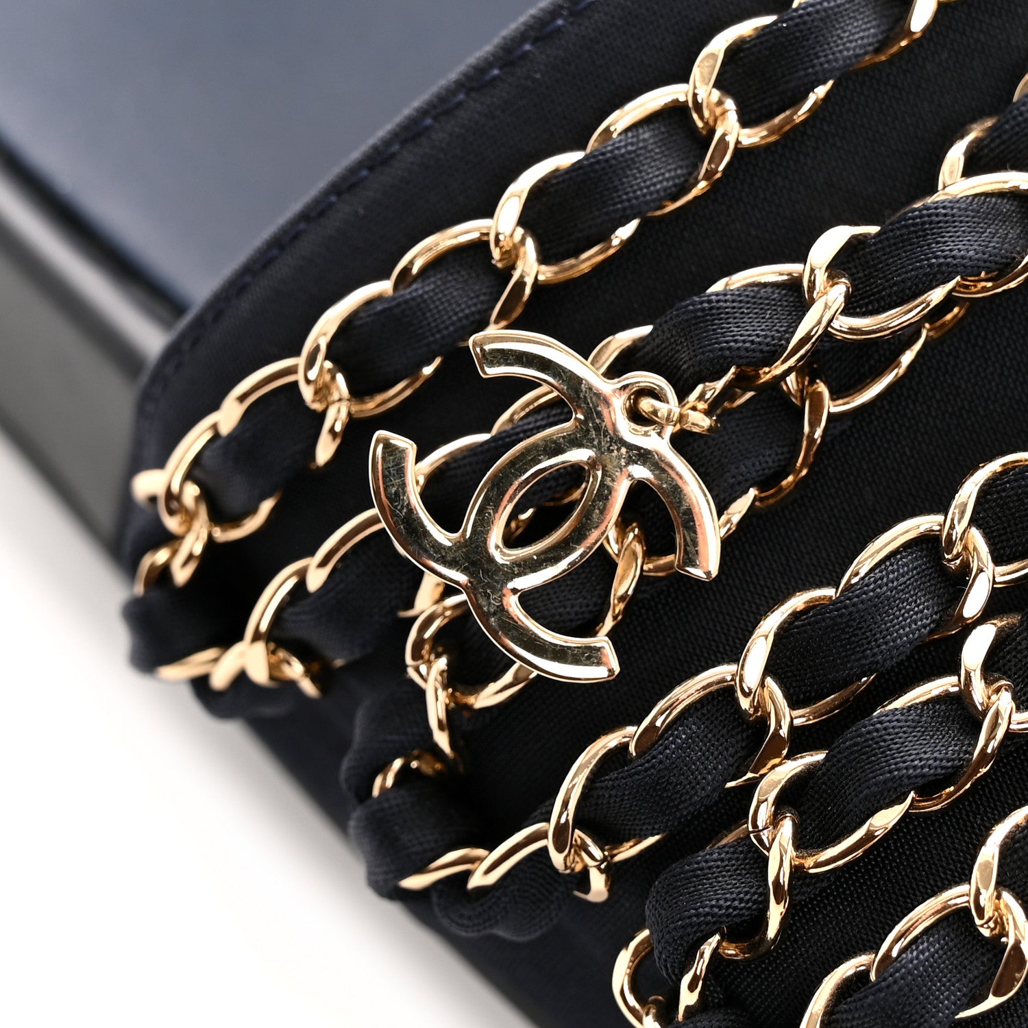 Chanel Satin Canvas Chain Slides Sandals Flats 39 Marine 10 of 10