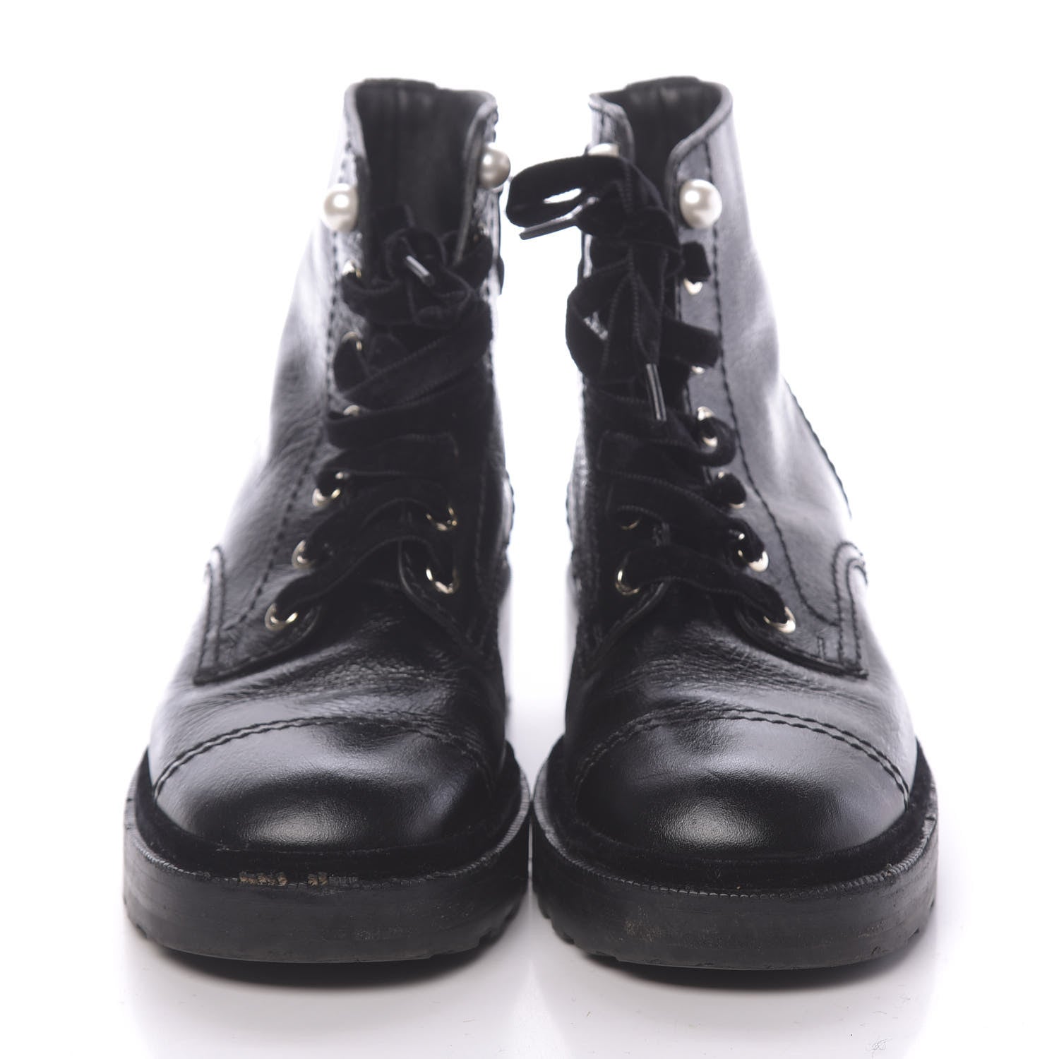 Chanel Calfskin Velvet Pearl Combat Short Boots 37 Black 2 of 8