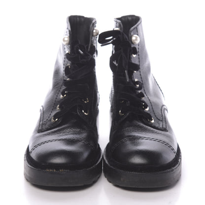 Chanel Calfskin Velvet Pearl Combat Short Boots 37 Black 2 of 8