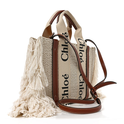 Chloe Cotton Calfskin Small Woody Ribbon Fringe Tote White Brown 3 of 10