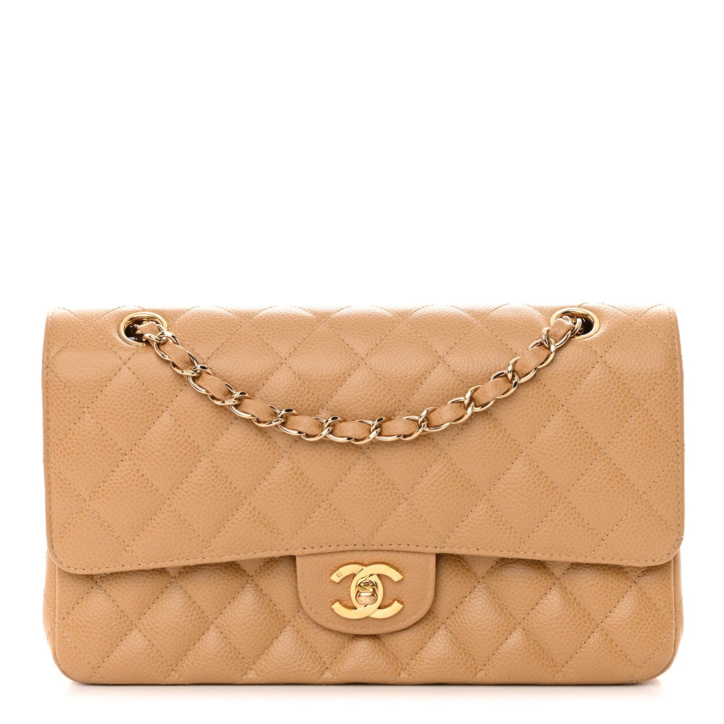 Caviar Quilted Medium Double Flap Beige
