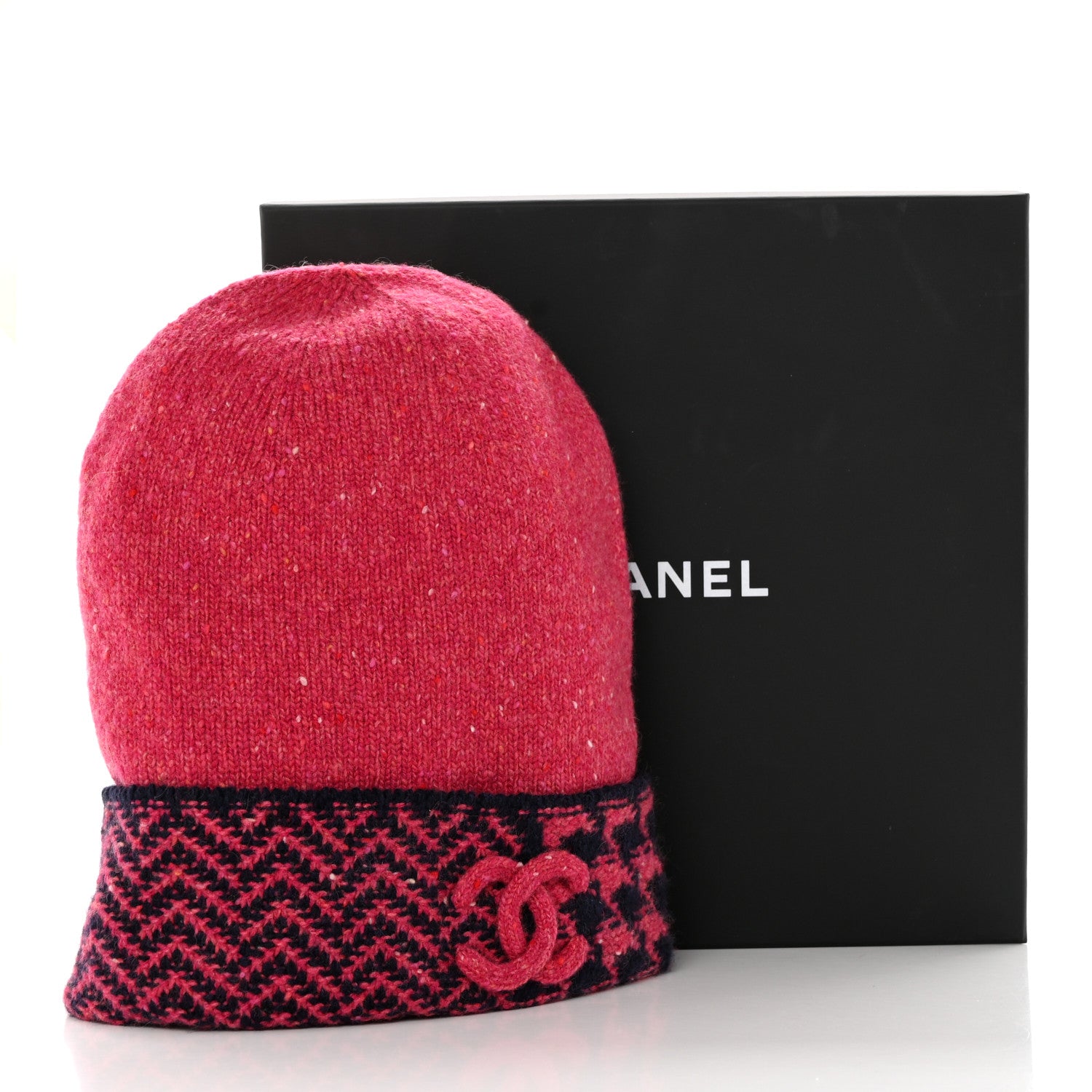 Chanel Cashmere Houndstooth CC Beanie Hat Pink Navy Blue 6 of 6