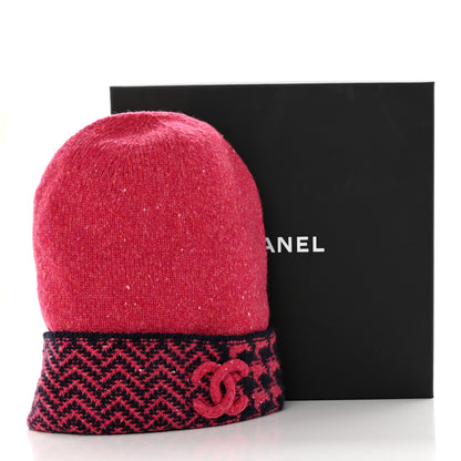 Chanel Cashmere Houndstooth CC Beanie Hat Pink Navy Blue 6 of 6