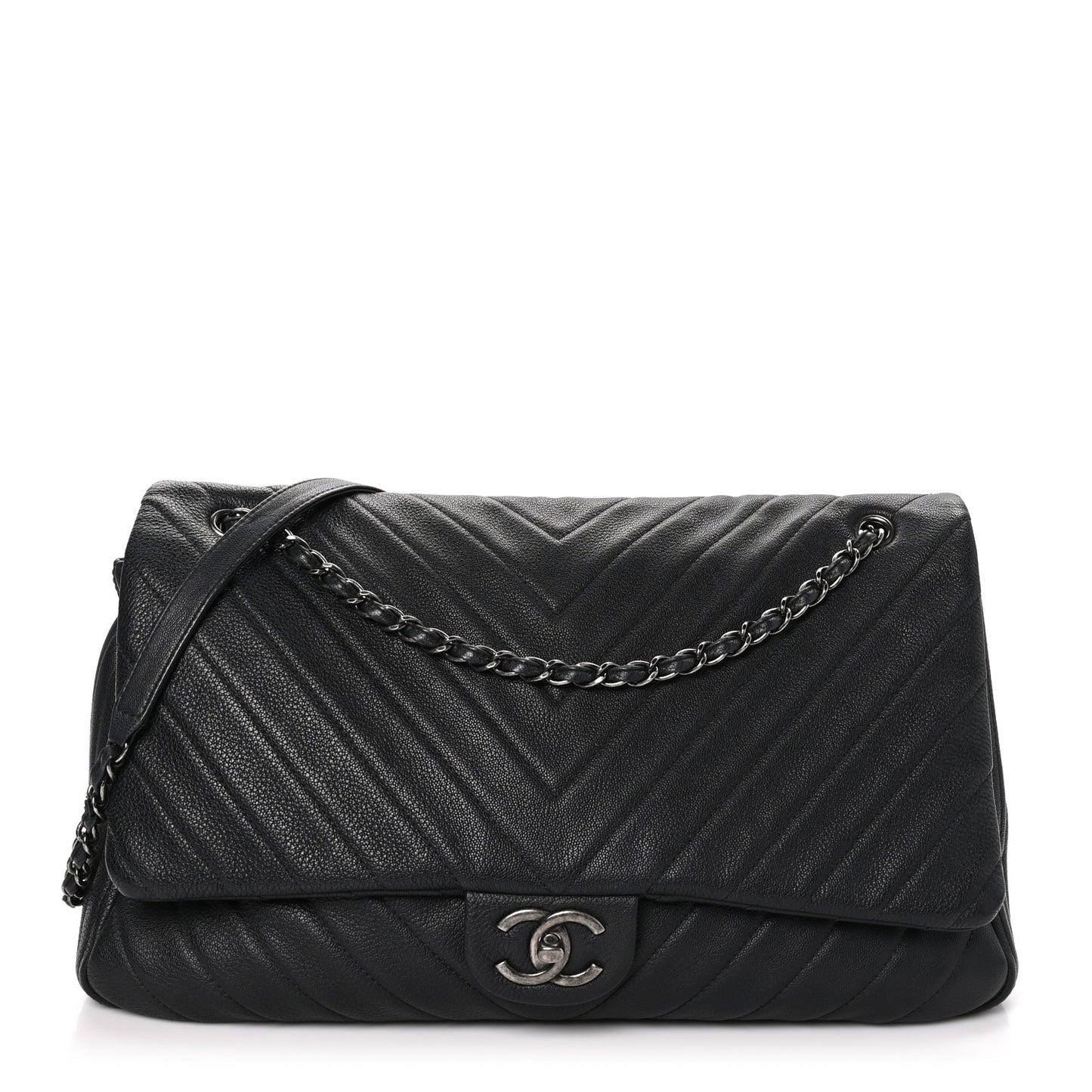 Calfskin Chevron Quilted XXL Travel Flap Bag Black