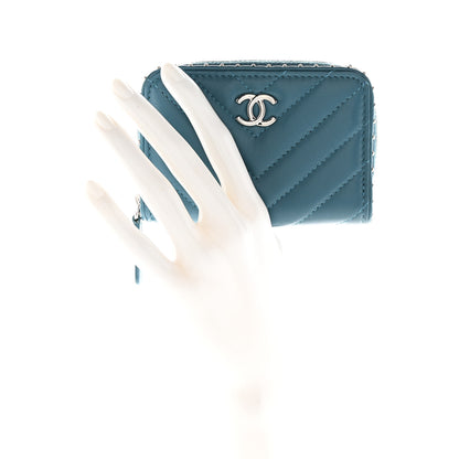 Chanel Lambskin Chevron Quilted Studded Zip Around Coin Purse Blue 2 of 9
