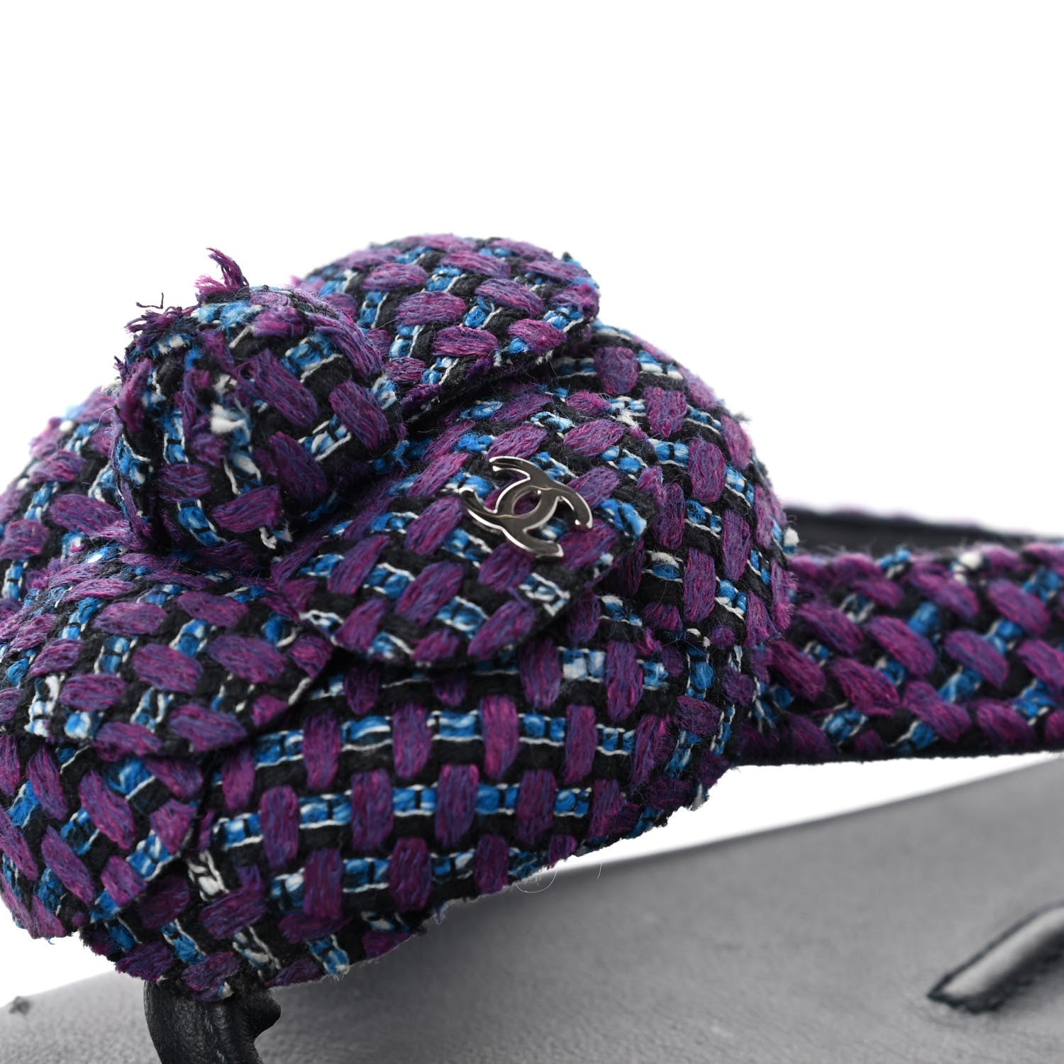 Chanel Tweed Quilted Camellia Thong Sandals 39 Purple Blue Black 10 of 10