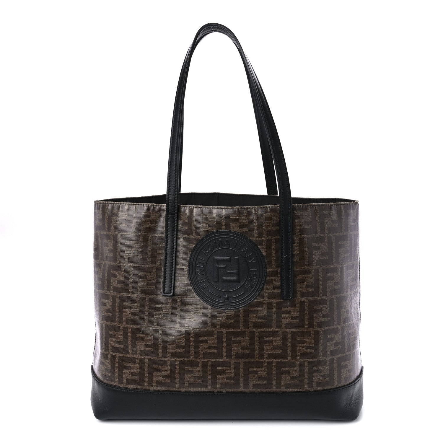 Fendi Glazed Fabric Vitello Century FF 1974 Stamp Patch Shopping Tote Mogano Panna Black 1 of 10