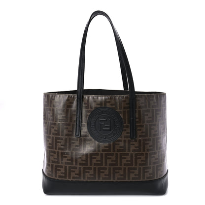 Fendi Glazed Fabric Vitello Century FF 1974 Stamp Patch Shopping Tote Mogano Panna Black 1 of 10