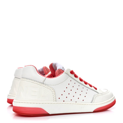 Chanel Grained Calfskin Fabric Womens Logo Sneakers 35 White Red 5 of 13