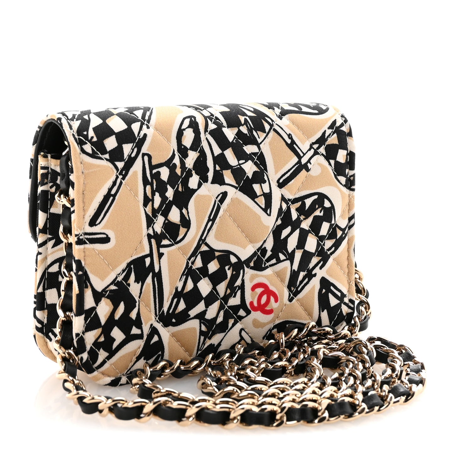 Canvas Check Flag Printed CC Clutch With Chain Beige Multicolor