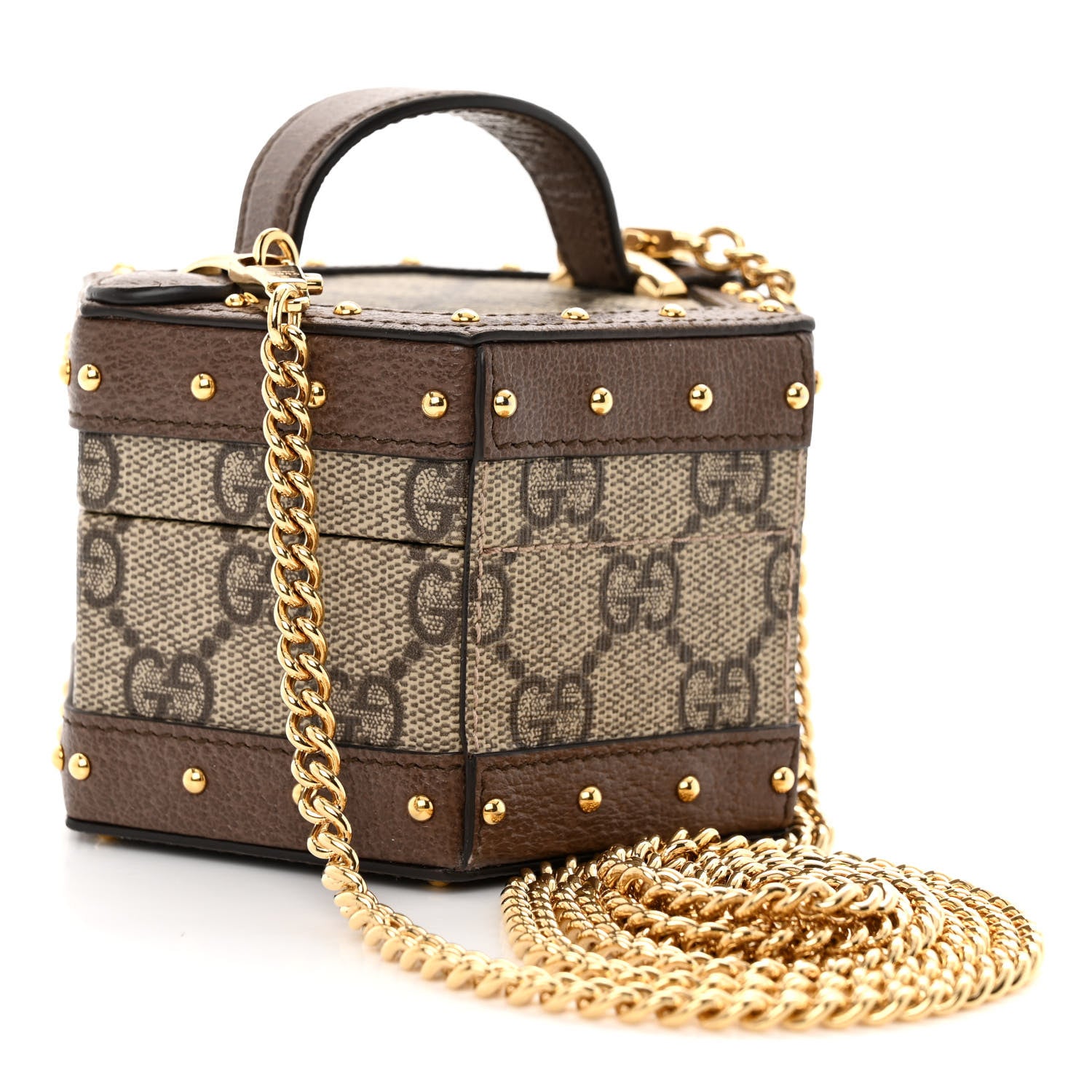 Gucci GG Supreme Monogram Textured Dollar Calfskin Studded Mini Padlock Hexagon Top Handle Case Beige Ebony New Acero 3 of 12