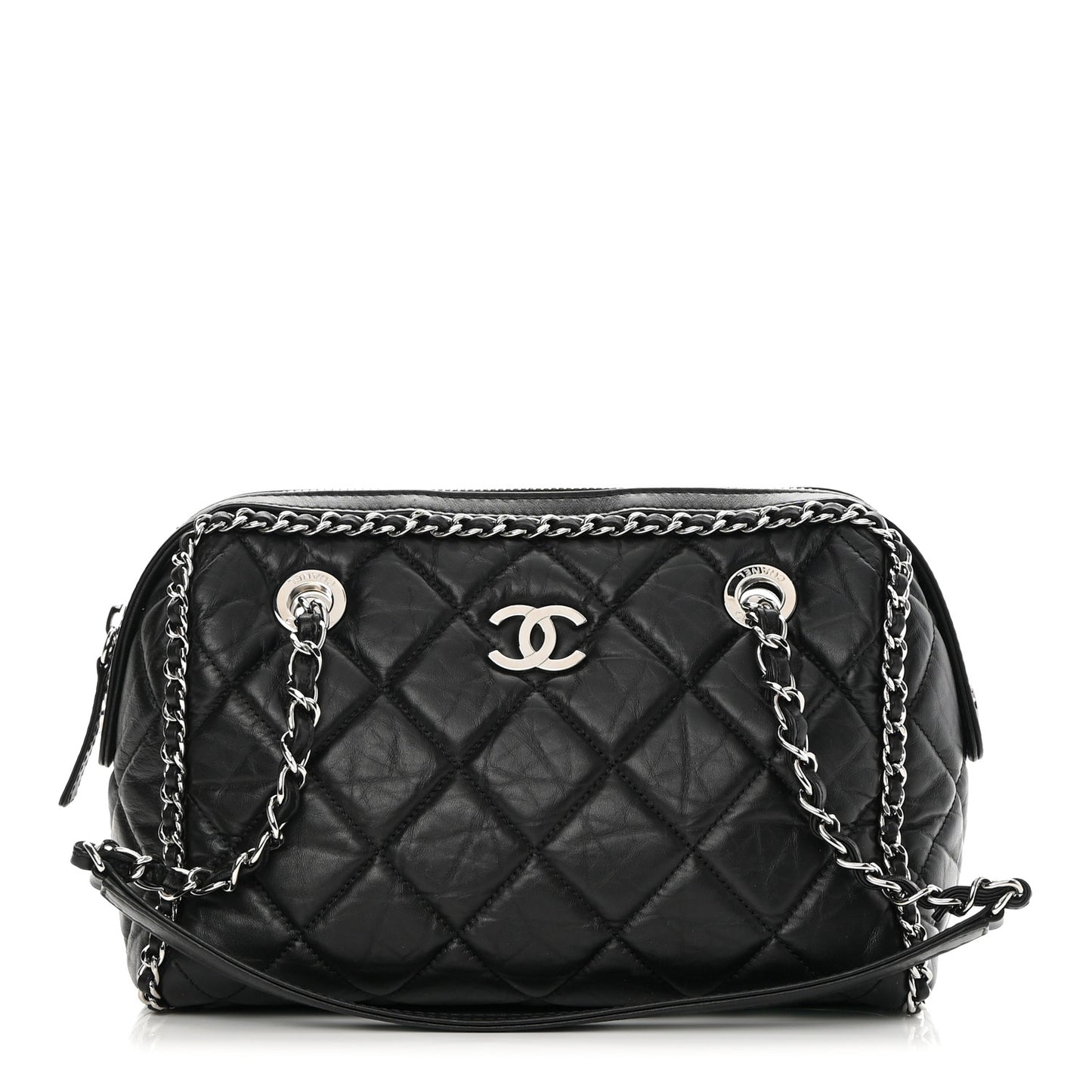 Crumpled Calfskin Quilted Chain All Over Shoulder Bag Black