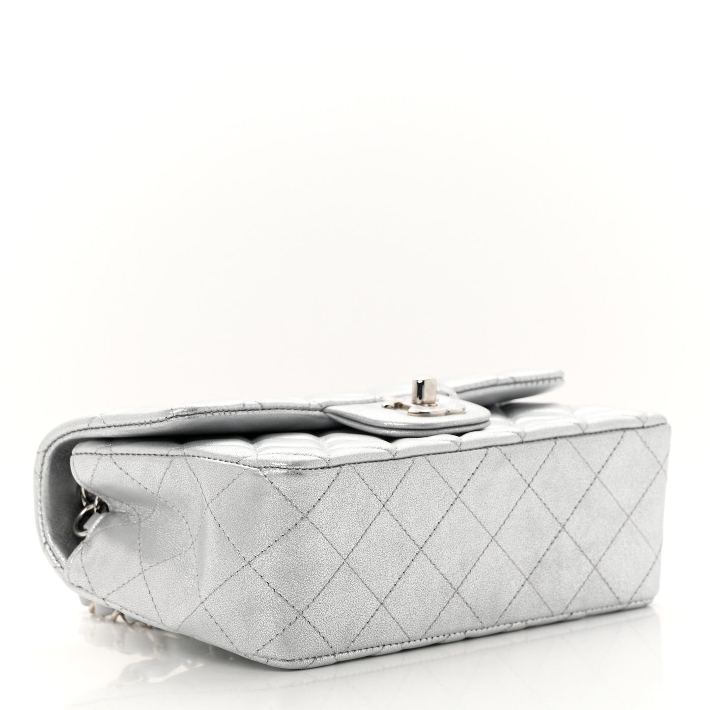 Metallic Lambskin Quilted Mini Rectangular Flap Silver