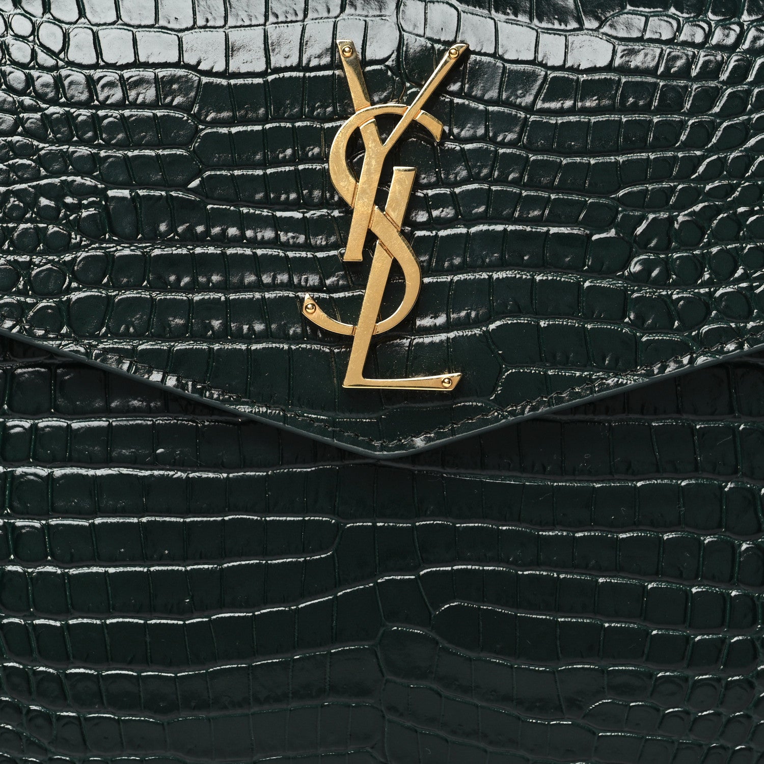 Saint Laurent Calfskin Crocodile Embossed Uptown Monogram Clutch Dark Green 8 of 9