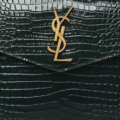 Saint Laurent Calfskin Crocodile Embossed Uptown Monogram Clutch Dark Green 8 of 9