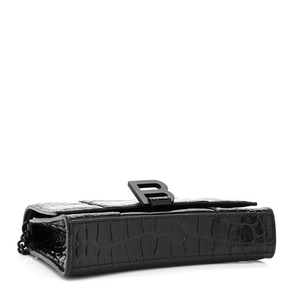 Balenciaga Shiny Calfskin Monochrome Crocodile Embossed Small Hourglass Evening Chain Bag Black 4 of 10